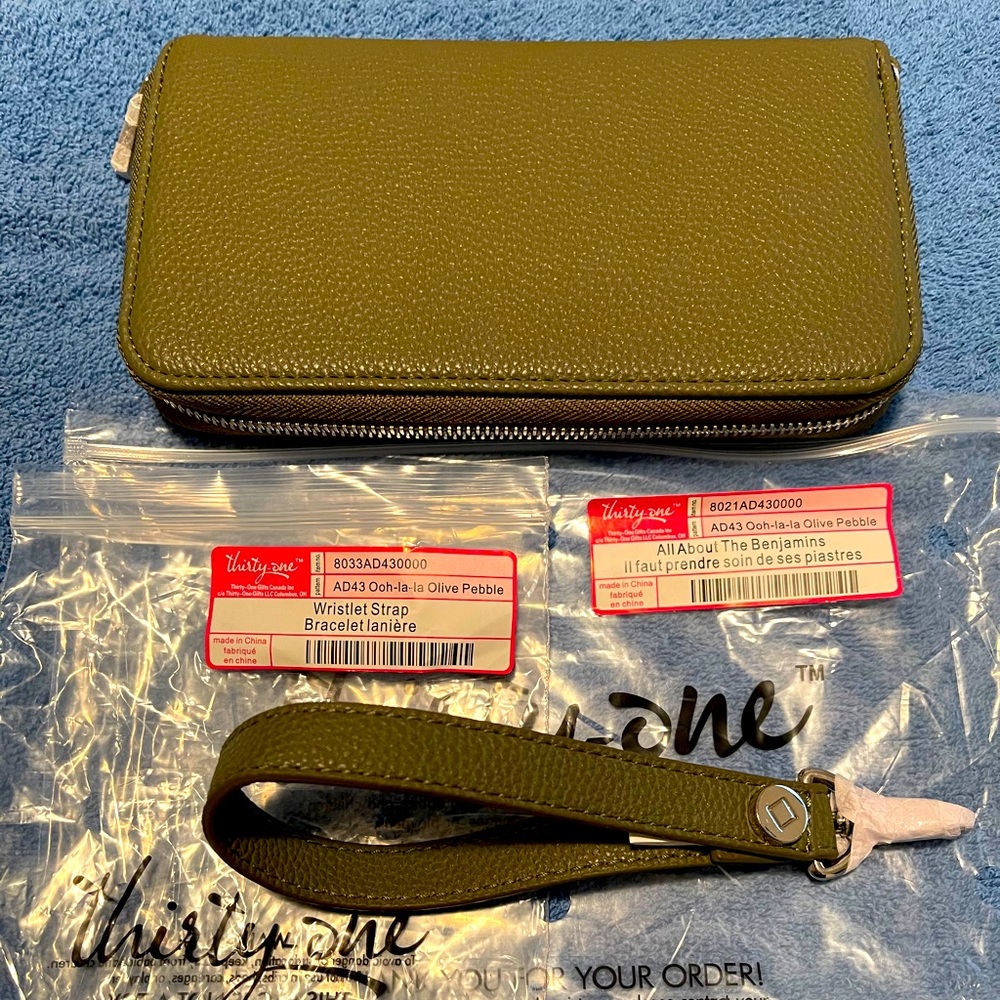 NEW thirty-one Benjamins olive wallet and strap